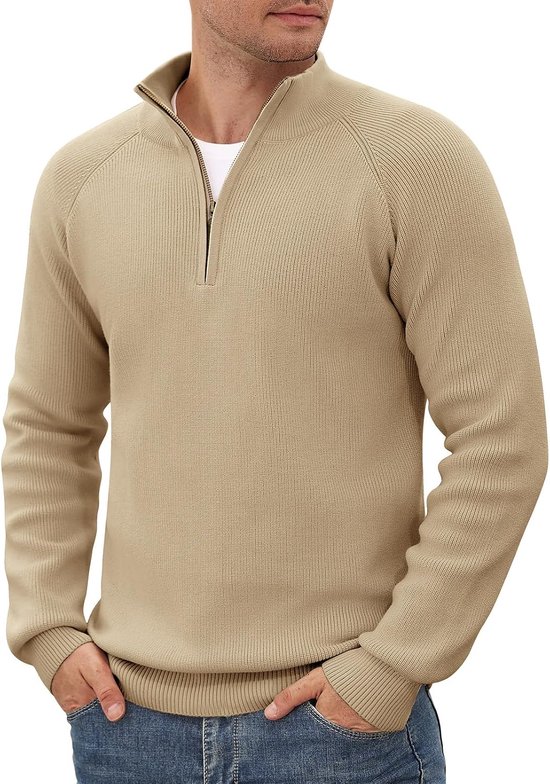 Voqeen Herentrui met halve rits en lange mouwen, gebreide wintertrui met ritssluiting, rolkraag, solide warme werktrui, sweater voor mannen