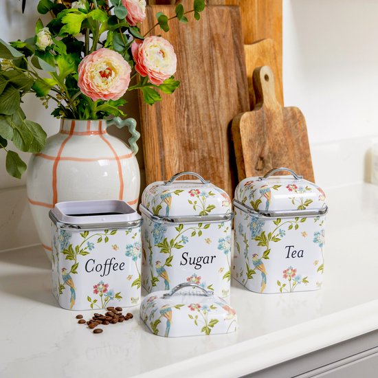 VQ Laura Ashley Opbergdozen Set van 3 Roestvrij Staal Thee Koffie Suiker met Afneembare Deksel Elveden White