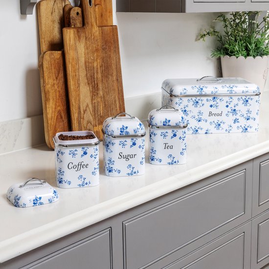 VQ Laura Ashley Opbergdozen Set van 3 Roestvrij Staal Thee Koffie Suiker Opbergen met Afneembare Deksel China Rose