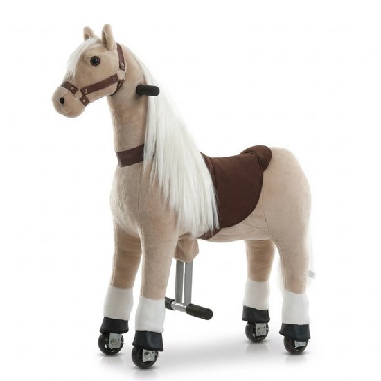 VROOOMY Mechanisch Speelgoedpaard 4 tot 6 jaar - Rijpaard met Lange haren & Zachte Vacht - Speelgoed Paard met Stuurfunctie & Antislip Wielen - Zonder Batterijen - Beige