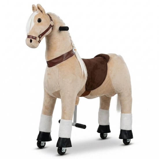 VROOOMY Mechanisch Speelgoedpaard 6 tot 9 jaar - Rijpaard met Lange haren & Zachte Vacht - Speelgoed Paard met Stuurfunctie & Antislip Wielen - Zonder Batterijen - Beige van Merkloos
