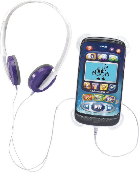 Vtech V-kids Muziekspeler. Druk op de toetsen om naar verschillende stijlen muziek en 11 gezongen liedjes te luisteren én bekijk de vrolijke animaties op het verlichte scherm. Speel 3 muziek-spellen of kom tot rust tijdens de speelstand 'Relaxen'. van VTech