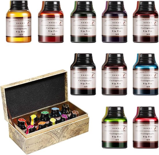 Vulpen Inkt - Set van 10 Kleuren x 20ml Inktflesjes - Koolstofvrije Inktvulling voor Dip Pen - voor Kalligrafie, Journaling, Schrijven en Tekenen GC-710