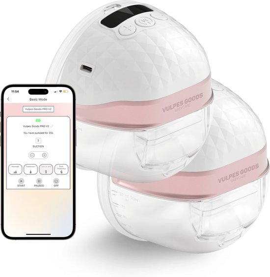 Vulpes Goods® BabyCare - Dubbele Elektrische Draadloze Borstkolf - Handsfree & Draagbaar - met APP bediening - BPA-Vrij - Incl. Borstschildverkleiners, 60 Moedermelk Bewaarzakjes, Reistas & Kolfdagboek - PRO V2 van Vulpes Goods®