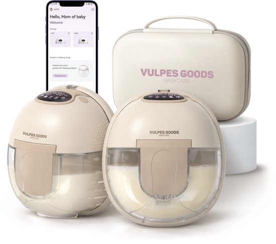 Vulpes Goods® BabyCare – Elektrische Borstkolf Elite V2 - Handsfree Borstkolf - Dubbele Draadloze Borstkolf - Warmtecompressie (35 & 40°C) - BPA-Vrij - 4 Modi & 12 Niveaus - App - Incl. Reiskoffer, Borstschildverkleiners & 60 Bewaarzakjes