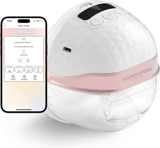 Vulpes Goods® BabyCare - Elektrische Draadloze Borstkolf - Handsfree & Draagbaar - met APP bediening - BPA-Vrij - Incl. Borstschildverkleiners, 30 Moedermelk Bewaarzakjes, Reistas, E-boek & Kolfdagboek - PRO V2 van Vulpes Goods®