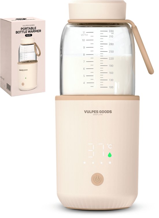 Vulpes Goods® Babycare - Flessenwarmer Elite - Draagbare Baby Flessenwarmer voor Onderweg - uniek Glazen Design - BPA-vrij, Hittebestendig & Antibacterieel - 5 Temperatuurniveaus & Warmtebehoud - 330ML - Water & Moedermelk Snel Opwarmen - 13.500 mAh van Merkloos