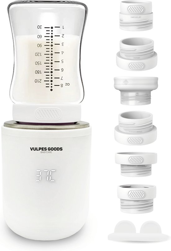 Vulpes Goods® BabyCare - Flessenwarmer Pro - Draagbare Baby Flessenwarmer voor Onderweg - Intelligente Flesverwarmer - 4 Temperatuurniveaus - Draadloos - Inclusief 5 Adapters - USB Oplaadbaar - 13.200 mAh - Wit van Vulpes Goods®