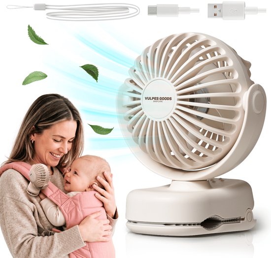 Vulpes Goods® BabyCare – Kinderwagen Ventilator met Klem – Mini Ventilator – Oplaadbaar – Slechts 138 gram – USB-C – 3 Standen – 2000 mAh – Beige