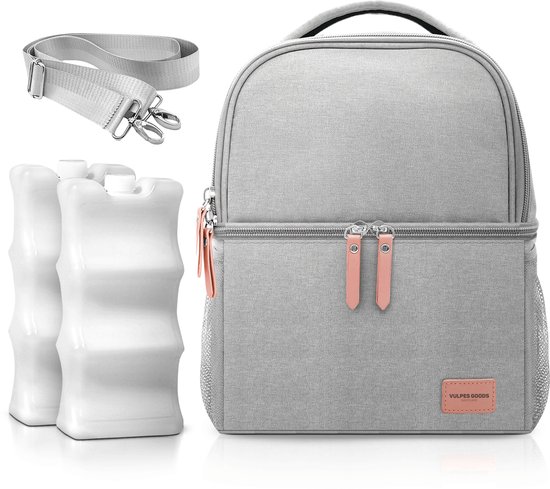 Vulpes Goods® BabyCare - Luxe Koeltas met Koelelementen - Kolftas voor Onderweg - 4in1 - Moedermelk tot 12 uur Koel - Koeltas Kolf - Koeltas Moedermelk - Bewaartas babyvoeding - Handtas|Schoudertas|Rugzak - Premium Grey