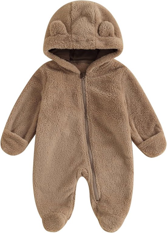 Warme Fleece Jumpsuit met Capuchon en Oortjes voor Baby Jongens en Meisjes van Merkloos