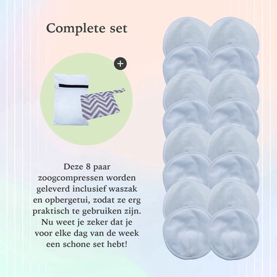 Wasbare - Zoogcompressen - Lekvrije - Biologische - Bamboe - Voorgevormde - Herbruikbare - Super absorberende - One size - 8st. - Waszak - Travelbag