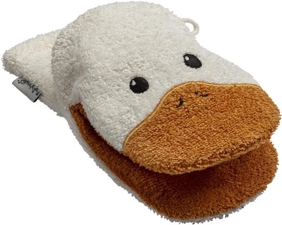 Washandschoen eend - Badstof handpop - Spelenderwijs wassen - Vormvast na wassen - 21 x 14 cm - Ecru