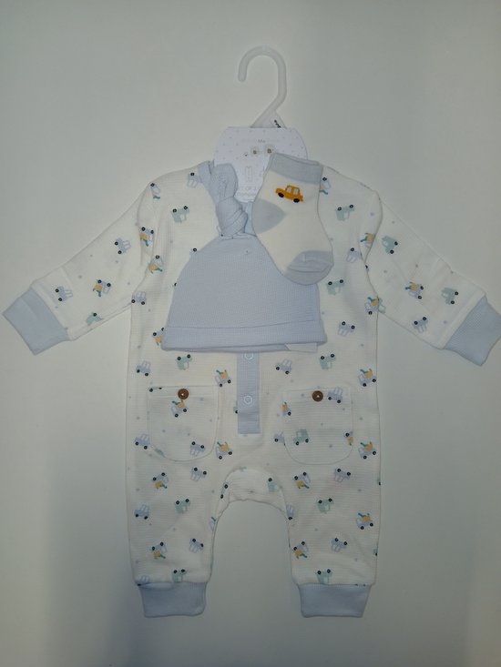Watch Me Grow - 3-delige kraam cadeauset - wafelstof - auto's - newborn - maat 56 van Merkloos