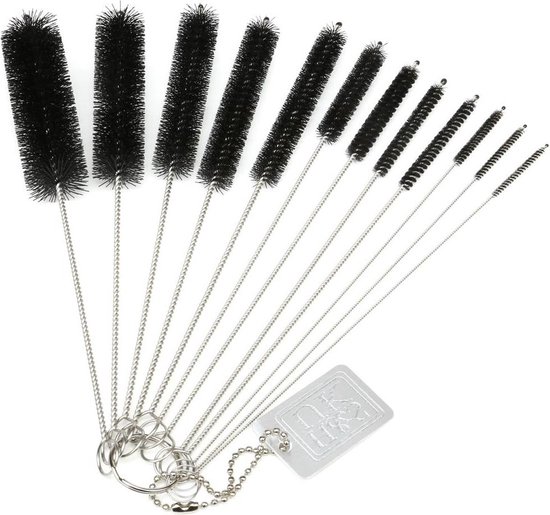 Water Flessenreiniger Borstel Set - 12 Stuks - Reiniginsborstels voor Flessen - Roestvrij Staal & Nylon Borstelharen