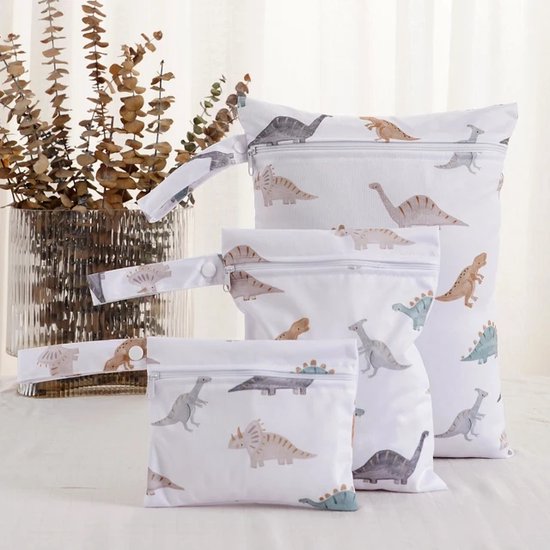Waterdichte opbergtasjes voor baby spullen - 3 stuks dinosaurus - Handige tasjes voor in de luiertas in 3 formaten - Tasjes met ritssluiting voor aan de kinderwagen van Little Company