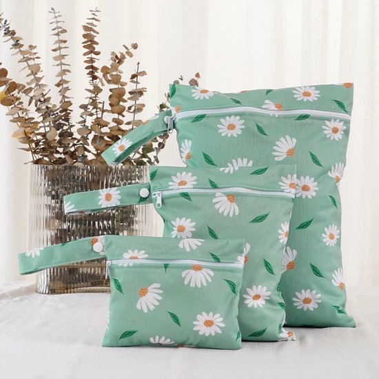 Waterdichte opbergtasjes voor baby spullen - 3 stuks witte bloemen - Handige tasjes voor in de luiertas in 3 formaten - Tasjes met ritssluiting voor aan de kinderwagen van Navaris