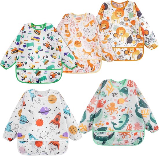 Waterdichte Slabbetjes met Mouwen, 5 Stuks, Lange Mouwen, Unisex, Geschikt voor 6-36 Maanden, Ideaal voor Eten en Knutselen van Merkloos