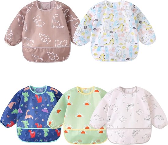Waterdichte Slabbetjes voor Baby's, 5 Stuks, Lange Mouwen, Voedingsschort met Pocket, Geschikt voor 3-30 Maanden