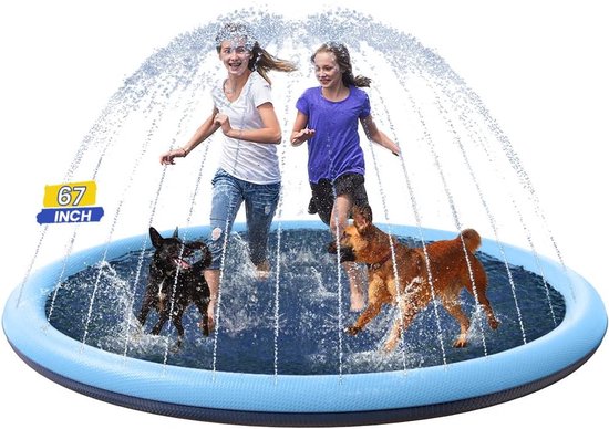 Waterspeelmat voor honden en kinderen - Speelkleed - Opblaasbaar - Watermat - antislip dik babyzwembad met sproeier - 67 inch - Blauw van Merkloos