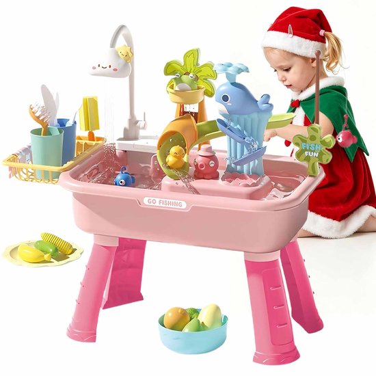 Watertafel Voor Peuters - Speelkeuken Met Waterpomp En Stromend Water - Speelgootsteen Met Speelvoedsel En Visspeelgoed - Sensorisch Buitenspeelgoed Voor Jongens En Meisjes - Roze