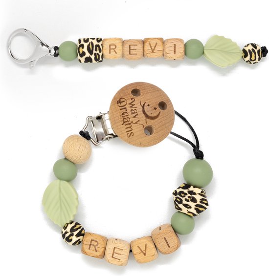 Wavy Dreams - Combiset Speenkoord & Sleutelhanger / Luiertashanger - Speenkoord met naam - Jongen - Kraamcadeau - Groen - Speenketting met naam - Sleutelhanger met naam - Model Revi van Wavy Dreams
