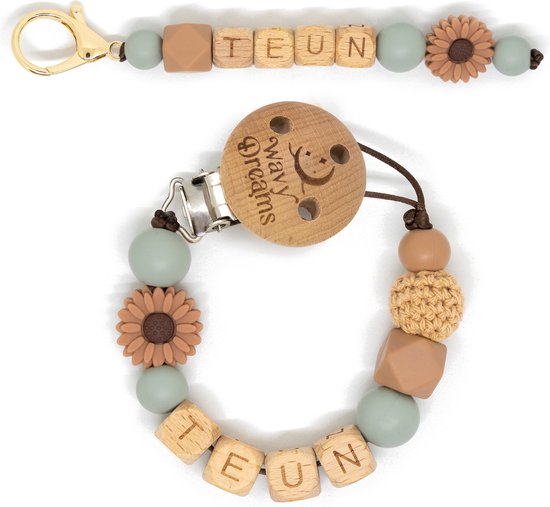 Wavy Dreams - Combiset Speenkoord & Sleutelhanger / Luiertashanger - Speenkoord met naam - Jongen - Kraamcadeau - Natuurtinten - Speenketting met naam - Sleutelhanger met naam - Model Teun van Wavy Dreams