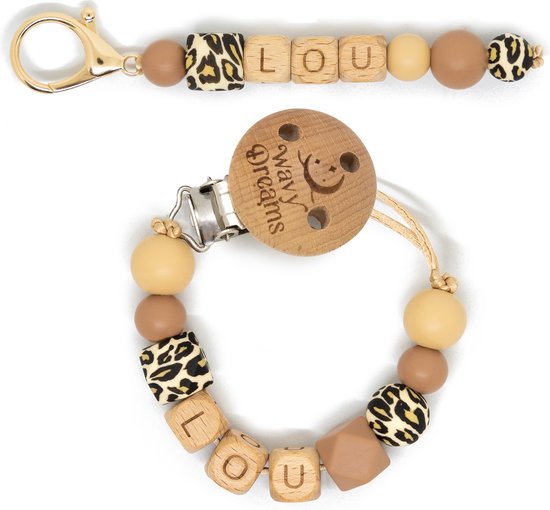 Wavy Dreams - Combiset Speenkoord & Sleutelhanger / Luiertashanger - Speenkoord met naam - Jongen Meisje Unisex - Kraamcadeau - Zand Panter - Speenketting met naam - Sleutelhanger met naam - Model Lou van Wavy Dreams