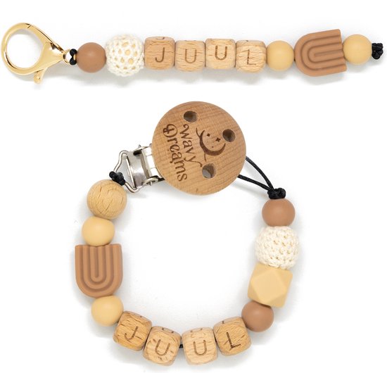 Wavy Dreams - Combiset Speenkoord & Sleutelhanger / Luiertashanger - Speenkoord met naam - Jongen Meisje Unisex - Kraamcadeau - Zand Pastel - Speenketting met naam - Sleutelhanger met naam - Model Juul van Wavy Dreams