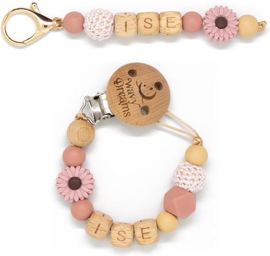 Wavy Dreams - Combiset Speenkoord & Sleutelhanger / Luiertashanger - Speenkoord met naam - Meisje - Kraamcadeau - Roze Pastel - Speenketting met naam - Sleutelhanger met naam - Model Ise van Wavy Dreams