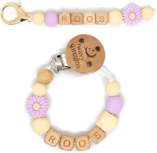 Wavy Dreams - Combiset Speenkoord & Sleutelhanger / Luiertashanger - Speenkoord met naam - Meisje - Kraamcadeau - Roze Pastel - Speenketting met naam - Sleutelhanger met naam - Model Roos van Wavy Dreams
