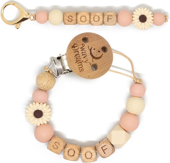 Wavy Dreams - Combiset Speenkoord & Sleutelhanger / Luiertashanger - Speenkoord met naam - Meisje - Kraamcadeau - Roze Pastel - Speenketting met naam - Sleutelhanger met naam - Model Soof van Wavy Dreams