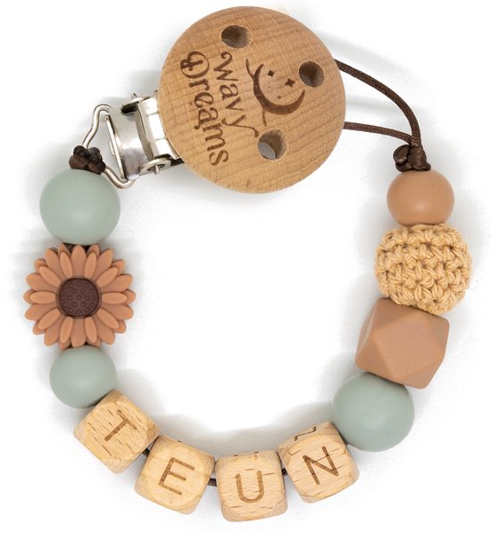 Wavy Dreams - Speenkoord met naam - Jongen - Kraamcadeau - Natuurtinten - Speenketting met naam- Model Teun van Wavy Dreams