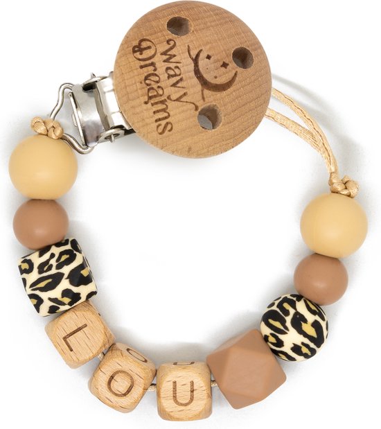 Wavy Dreams - Speenkoord met naam - Jongen Meisje Unisex - Kraamcadeau - Zand Panter - Speenketting met naam- Model Juul van Wavy Dreams