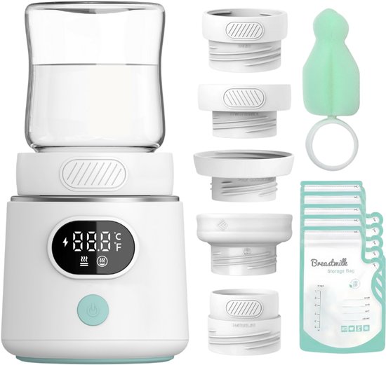 We Flow Draagbare Flessenwarmer - Baby Melk Fles Verwarmer Onderweg - Intelligente Flesverwarmer - 4 Temperatuurniveaus & Snelle Opwarmfunctie - Inclusief: 5 Adapters - 5 Opbergzakken - 1 Schoonmaak Borstel van Merkloos