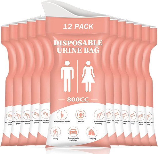 Wegwerp plaszakken - 12 stuks, 800 ml - unisex urinezakken met absorberend inlegvel en sluitstrip voor onderweg, auto, reizen en kamperen