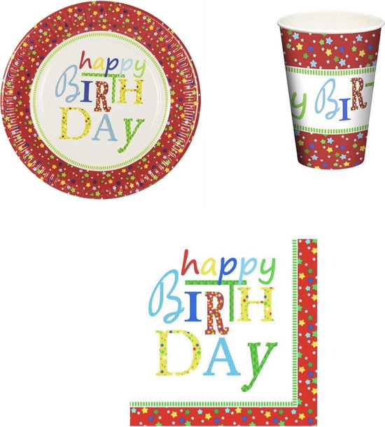 Wegwerp Servies Set Verjaardag "Happy Birthday"- 20 personen- 20 x Borden 23cm Bekers 0,2 l Servetten 3-laags 33 cm x 33 cm feest Feestartikelen van Leukidee!