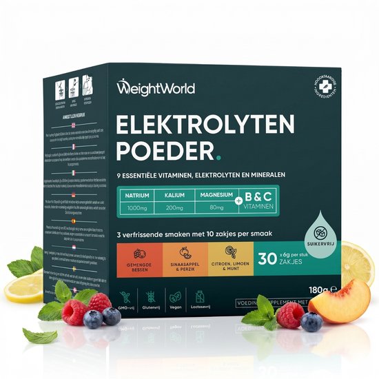 WeightWorld Elektrolyten Poeder zakjes - 9 essentiële electrolytes, mineralen en vitamines - 30 zakjes in 3 natuurlijke smaken - Zonder suiker van Merkloos