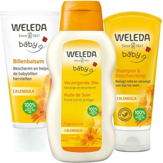Weleda Baby Musthave - Calendula Verzorgende Olie 1 x 200 ml, Billenbalsem 1 x 75 ml & Babyshampoo & Douchecrème 1 x 200 ml - Pakket van WELEDA