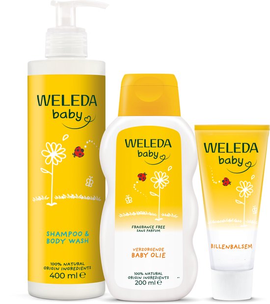 WELEDA Baby Verzorging Voordeelbundel – Musthaves voor de Dagelijkse Babyverzorging - Calendula Babyshampoo & Body Wash 400ML, Calendula Billenbalsem 75ML & Calendula Verzorgende Babyolie - Verzorgen, Verzachten & Beschermen van de Kwetsbare Babyhuid