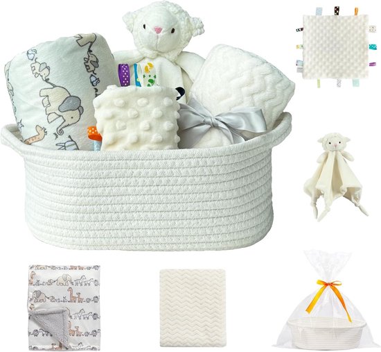 Welkomstcadeauset voor baby, opbergmand met dekens en knuffeldoek, ivoorkleurig, 5-delig.