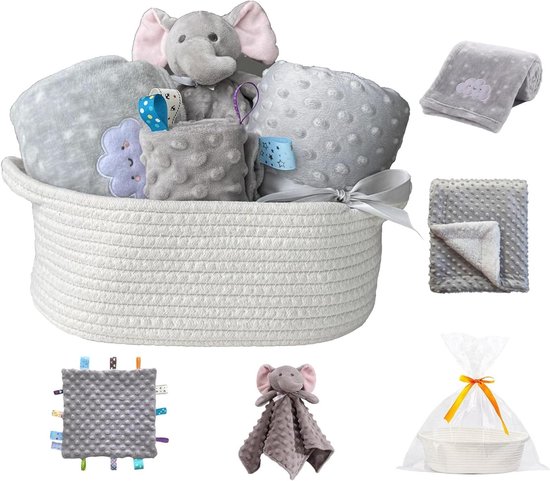 Welkomstgeschenk set voor baby met opbergmand, dekens, veiligheidsdeken en taggie - Grijs