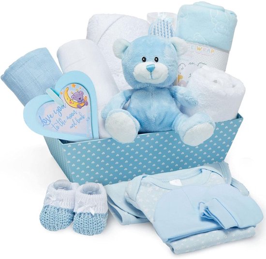 White-Label® Kraammand - Geboortemand met Knuffel - Kraamcadeau Meisje - Blauw