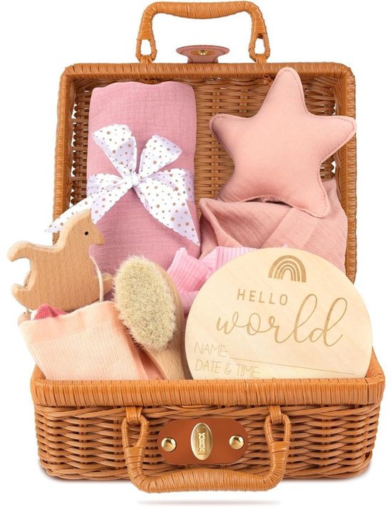 White-Label® Kraammand - Geboortemand met Knuffel - Kraamcadeau Meisje - Bruin van Merkloos