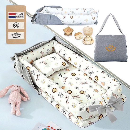 WiebelTandje Draagbare Baby Bed Luiertas Baby Nestje Uitklapbaar Baby Geschenkset 0 tot 24 maanden Verstelbaar Band Ontwerp - inclusief WiebelTandje Jongen Hout Tandendoosje - Licht Gewicht Eenvoudig Mee op Reis - Extra zacht en Stevig