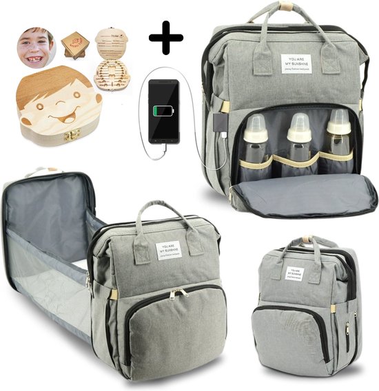 WiebelTandje Luier en Verzorgingstas met Verschoonmatje incl Houten Tandendoos – Kraamcadeau - Watervast Baby Rugzak Tas met Uitschuifbaar Baby Box – USB Aansluiting - Multifunctionele Baby Luier Tas – Verzorgingstas Baby - Verschoon en Slaap Bedje van Merkloos