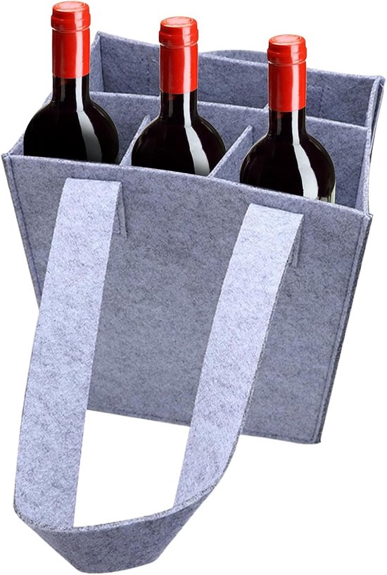 Wijnflesdrager - Vilten tas - Flessen vervoeren - Zes vakken - 25x18x16 cm - Lichtgrijs