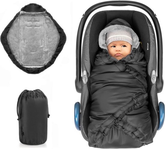 Wikkeldeken voor babyzitje en babybadje, praktisch alternatief voor de voetenzak in de winter, zacht en gewatteerd thermo-fleece, zwart (basic)