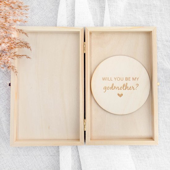 Will you be my godmother - aankondigingsdoosje met cirkel - zwangerschapsaankondiging - vertellen dat je zwanger bent - houten cirkel