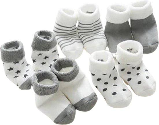 Winkrs - 5 paar New Born Baby Winter Sokken - Grijze Witte Sokjes voor Baby's van 0 - 9 maanden - Jongen/Meisje van Winkrs